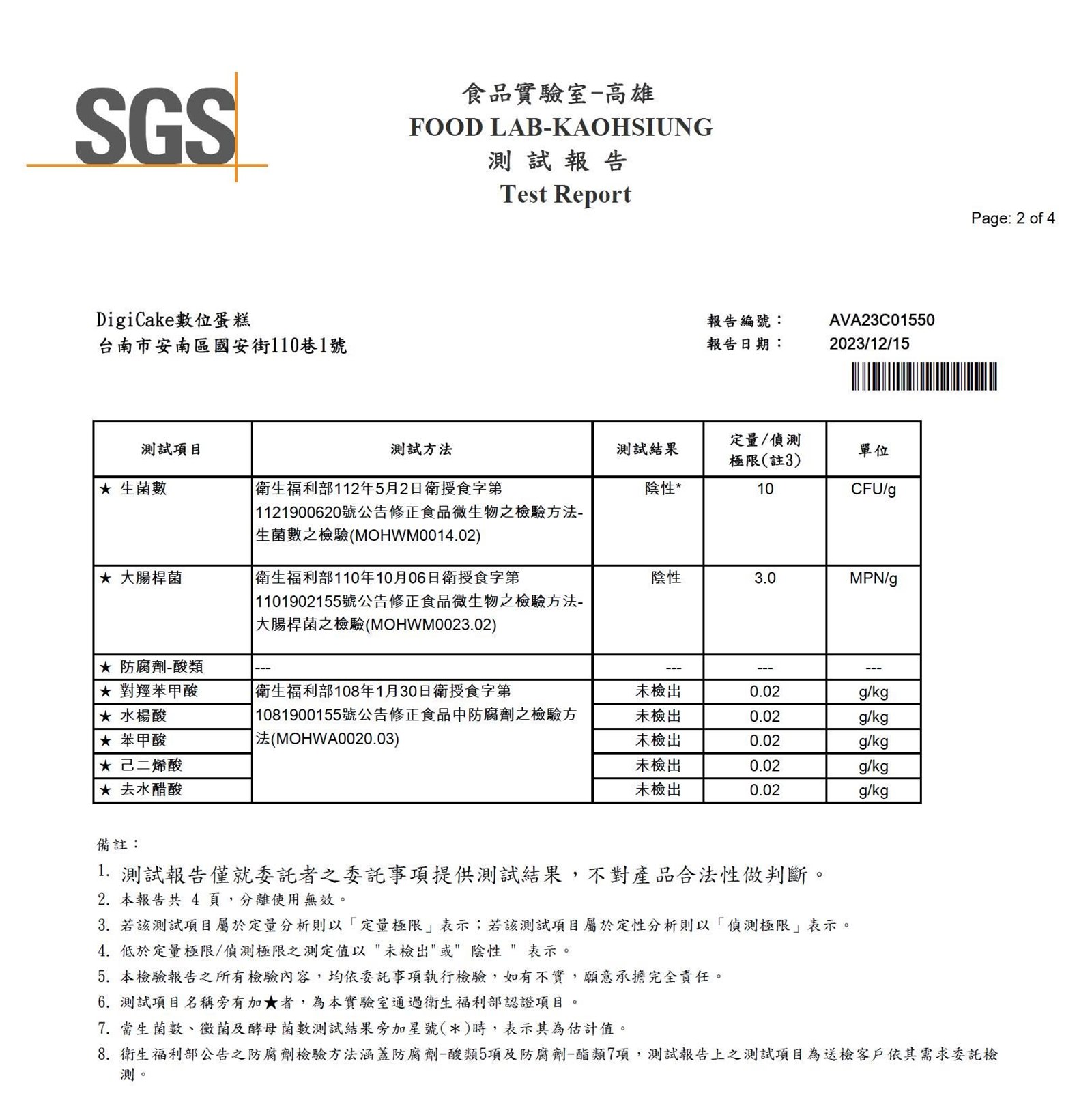 DigiCake 食用噴印 SGS 測試報告節錄